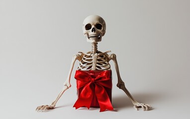 Obraz premium Gift-Wrapped Skeleton: A small skeleton with a big red bow around its middle, set against a plain white background, smiling with holiday cheer. 