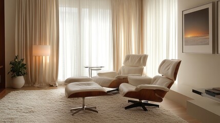 A serene living room featuring soft, flowing curtains, neutral-toned furniture, and gentle lighting, creating a space where calming rhythms of texture and light invite relaxation