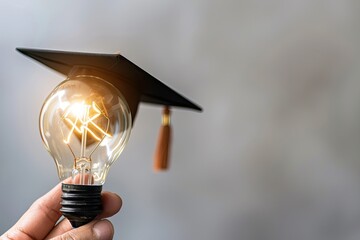 An individual is holding a light bulb that is wearing a graduation cap