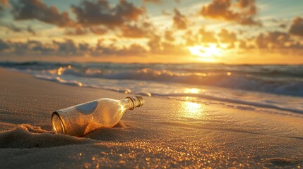 Obraz premium A message in a bottle lies on the soft sand, with waves lapping nearby and the sun setting in a romantic, golden sky.