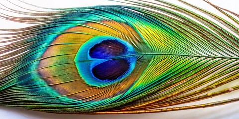 Obraz premium Stunning Macro Photography of Isolated Peacock Feather on White Background for Nature Lovers and Art Enthusiasts