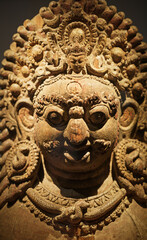 Wooden Statue Of Mahabhairava. Bhairava, Popular God In Nepal, Is Ferocious Form Of Shiva. He Assumes This Form To Destroy Evil. Large And Impressive Heads Of Bhairava Adorning The Entrances Of