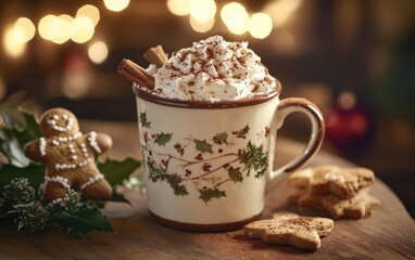 Christmas Drink: A cozy, inviting shot of a warm holiday drink, such as a mug of hot chocolate topped with whipped cream, cinnamon sticks, and sprinkled cocoa powder.