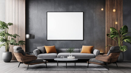 Modern living room with gray sofa, wooden armchairs, yellow cushions, dark walls, large plants, and bright lighting. Minimalist decor includes a round coffee table and framed artwork.