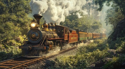Fototapeta premium An old-fashioned steam locomotive pulling several vintage carriages along a forested track, with billows of steam behind.