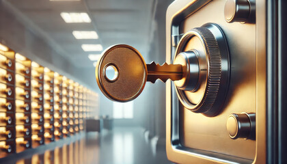 A golden key unlocks a safe deposit box in a blurred bank setting. Golden key unlocking safe deposit box represents wealth and security.