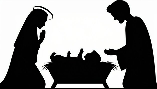 A simple silhouette vector of baby Jesus in a manger, with Mary and Joseph 