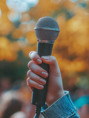 Hand Holding Microphone Outdoors for Public Speaking or Reporting