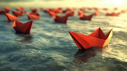 A paper boat changes direction in a stream of similar boats, symbolizing seizing new opportunities and thinking differently in business.