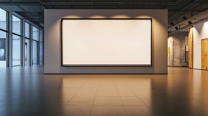 A minimalist art gallery with a large blank canvas awaiting artwork.