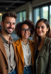 Obraz premium Friendly and diverse group of coworkers interacting in modern workspace, showcasing teamwork and inclusivity 