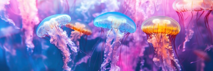 Beautiful glowing jellyfish in deep sea closeup view. Abstract background.