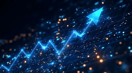 Obraz premium A blue arrow pointing upwards on an upward line, Positive arrow growing up, Business growing blue color background