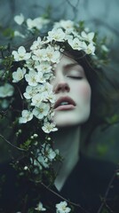 Feminine Portrait with Blossoms and Floral Mask