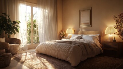 Fototapeta premium A bedroom with soft pastel tones, layered textiles, and gentle ambient lighting, where the rhythm of texture and light soothes the senses and encourages relaxation