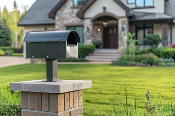 sharp photo capturing a close-up of a contemporary mailbox located in a house's yard
