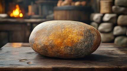 A Single, Rounded Stone Rests on a Wooden Table