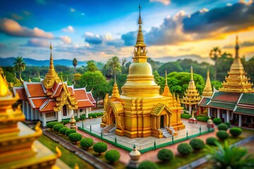 Fototapeta premium Stunning Tilt-Shift Photography of Wat Phra That Hariphunchai Golden Pagoda in Lamphun Province, Thailand, Showcasing