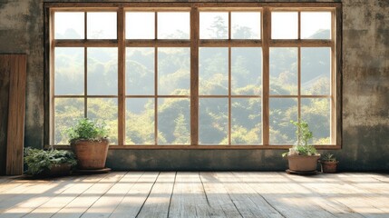 A rustic, weathered wall with large panoramic windows, offering space for creative copy or branding.