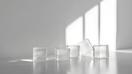 A serene arrangement of ice cubes on a clean, white surface, emphasizing simplicity. Perfect for adding your text or design.