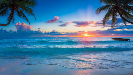 Crystal Waters and Palm Trees, Tropical Dreamscape - beach vibes, scenic view, exotic escape, peaceful coast, wanderlust.