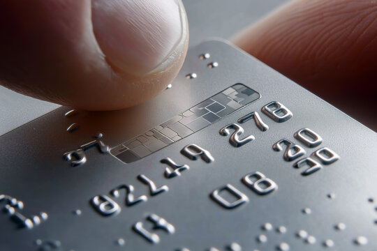 Braille letters embossed on a plastic credit card, with fingers reaching for the text.