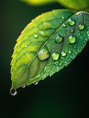 A high-definition macro photograph of crystal-clear water droplets delicately perched on the surface of a vibrant green leaf after a fresh rain.