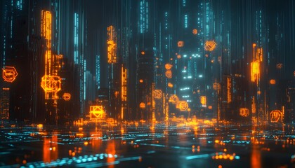 Futuristic Cityscape with Glowing Orange and Blue Lights