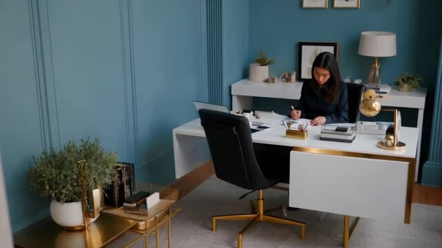 A stylish home office with soft blue walls, white desk, and gold accents for a calming, focused workspace.