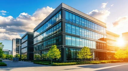 A sleek, high-rise office building with reflective glass windows, capturing the clouds and sunlight in a modern business district.
