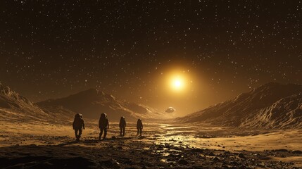 Astronauts walking across the barren moon, exploring craters and distant mountains under a star-filled sky.