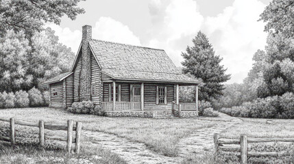 Rustic wooden farmhouse in countryside landscape for architectural design and home decor