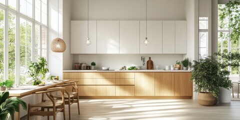 A bright kitchen with white walls, light wood cabinetry, and large windows