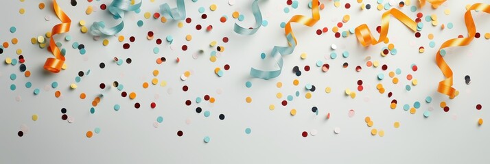 Colorful confetti and ribbon on white background celebrating joyful festive event