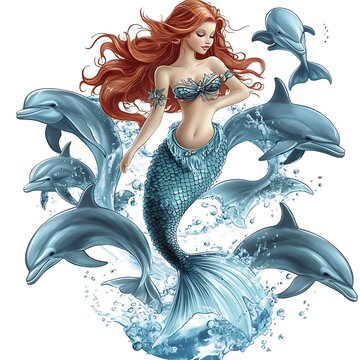 A cartoon merrow (mythical mermaid) swimming with dolphins on a white background.