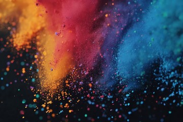 Explosive burst of colorful powder: dynamic art in motion with vivid red, blue, and yellow particles