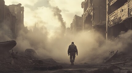 In a ruined city, a lone soldier walks through the wreckage of buildings, dust and ash swirling around him, with no sign of life.