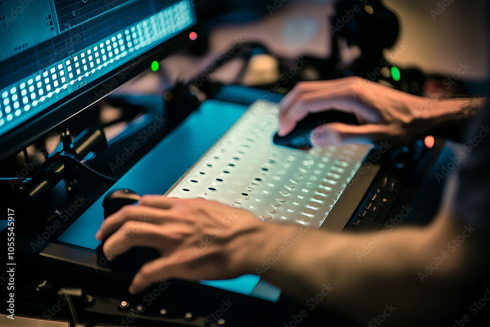 Wall mural modern braille display device connected to a computer, with a visually impaired person using it to r