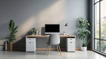 A calming work area with light gray walls, a minimalist desk setup, and soft task lighting