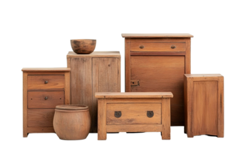 A wooden dresser with two drawers and a carved design. on transparent background.