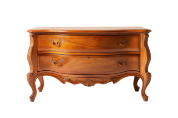 A wooden dresser with two drawers and a carved design. on transparent background.