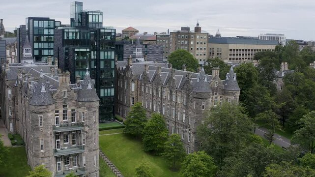 Aerial view of beautiful historic architecture and cityscape in Edinburgh East End, city centre, Scotland.