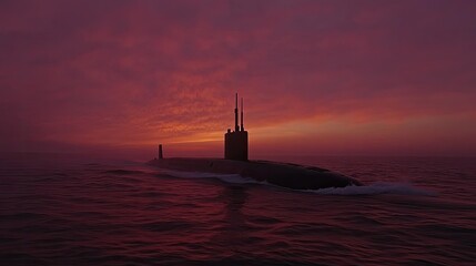 Naval submarine surfacing at dawn, silhouetted against the pink and orange sky.