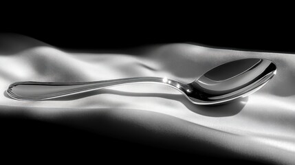 A Shiny Silver Spoon Resting on a White Fabric Surface
