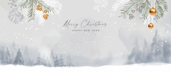 Christmas winter watercolor landscape. Merry Christmas and New Year banner