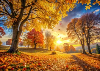 Surreal Autumn Landscape with Vibrant Yellow Leaves and Dreamlike Trees