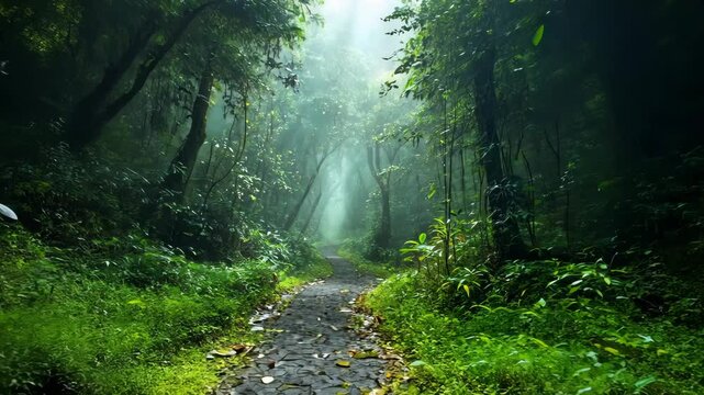 A stone path winds through a lush, green forest on a misty morning