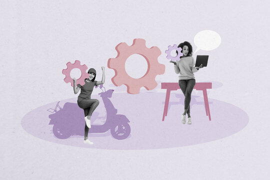 Composite trend artwork 3D sketch image photo collage of workspace two young lady colleagues hand hold gear delivery bike work laptop office