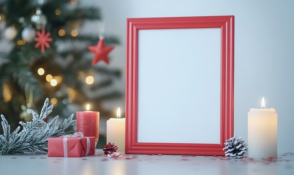 A festive scene featuring a blank red frame, candles, gifts, and a Christmas tree backdrop.