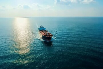 Fototapeta premium Oil tanker underway towards open sea. Crude oil tanker ship, a merchant ship specially designed for chemical products transportation. Aerial view. Generative ai